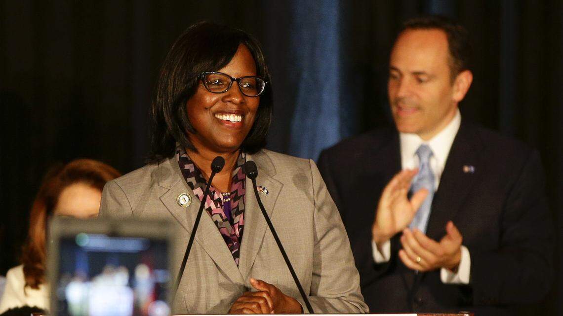 Jenean Hampton, talked to supporters after becoming Lieutenant Governor of Kentucky as Matt Bevin won the election for Governor of Kentucky at the Galt House in Louisville , Ky. on Tuesday November 3, 2015. Photo by Mark Cornelison | Staff
