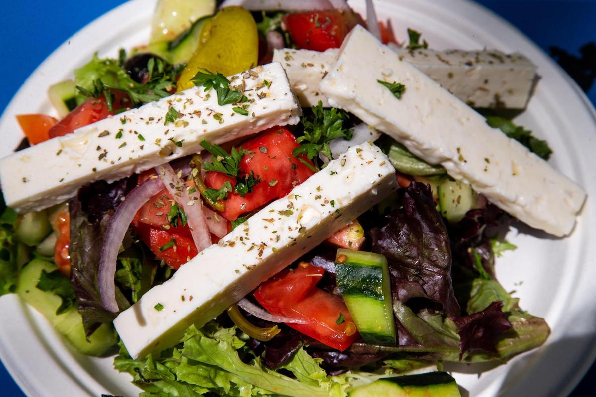 A Greek garden salad with large pieces of feta from Athenian Grill.