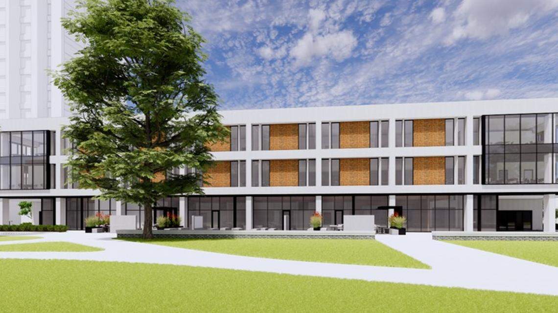 Renderings of what the renovated exterior of White Hall at the University of Kentucky will look like. Construction begins this summer and is expected to be completed by fall 2026.