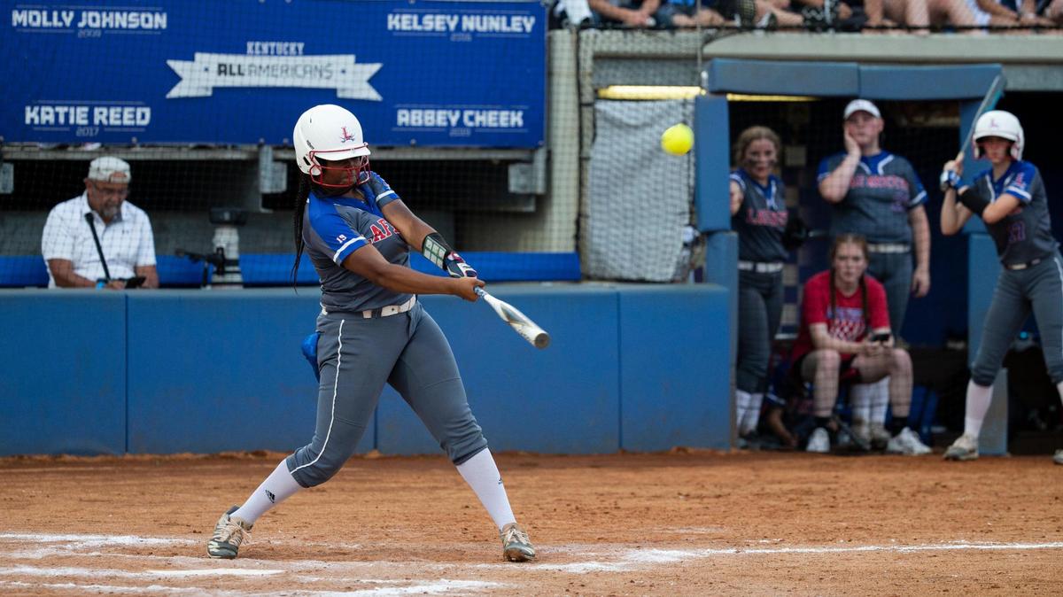 Lafayette’s Kaileigh Franklin Brooks (19) hits a home run against the North Laurel Lady Jaguars during the 2021 KHSAA State Softball Tournament at John Cropp Stadium in Lexington, Ky., Sunday, June 13, 2021.