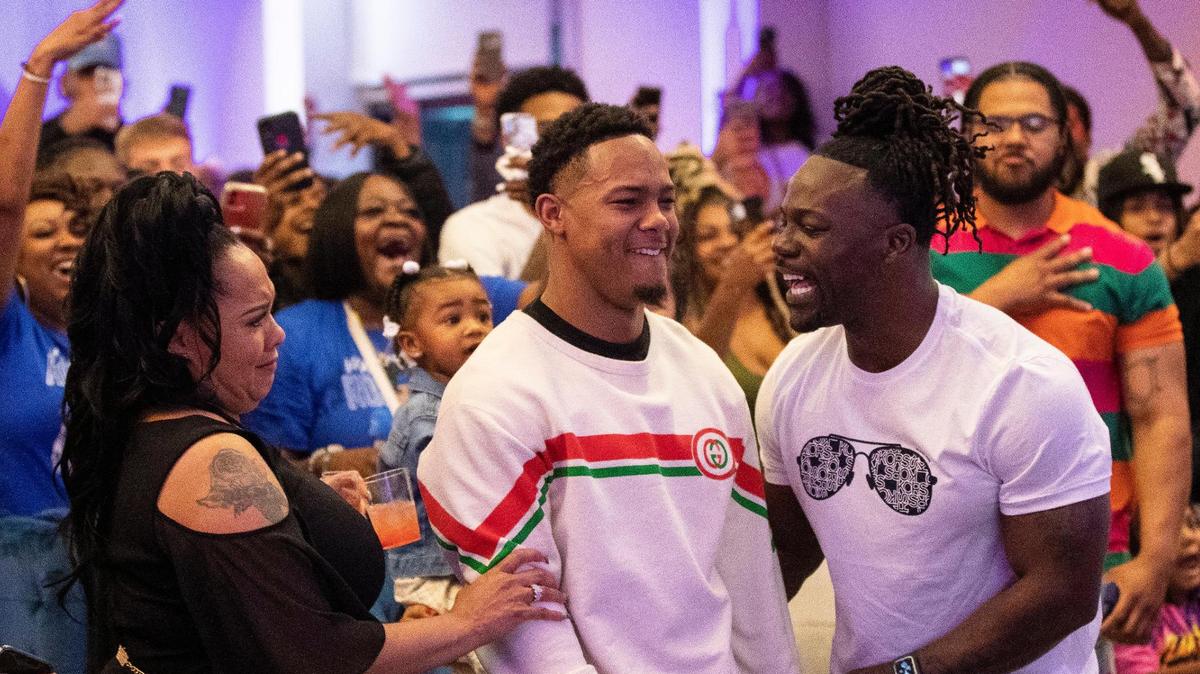 Former UK star wide receiver Wan’Dale Robinson reacts after becoming the 43rd pick of the 2022 NFL Draft.
