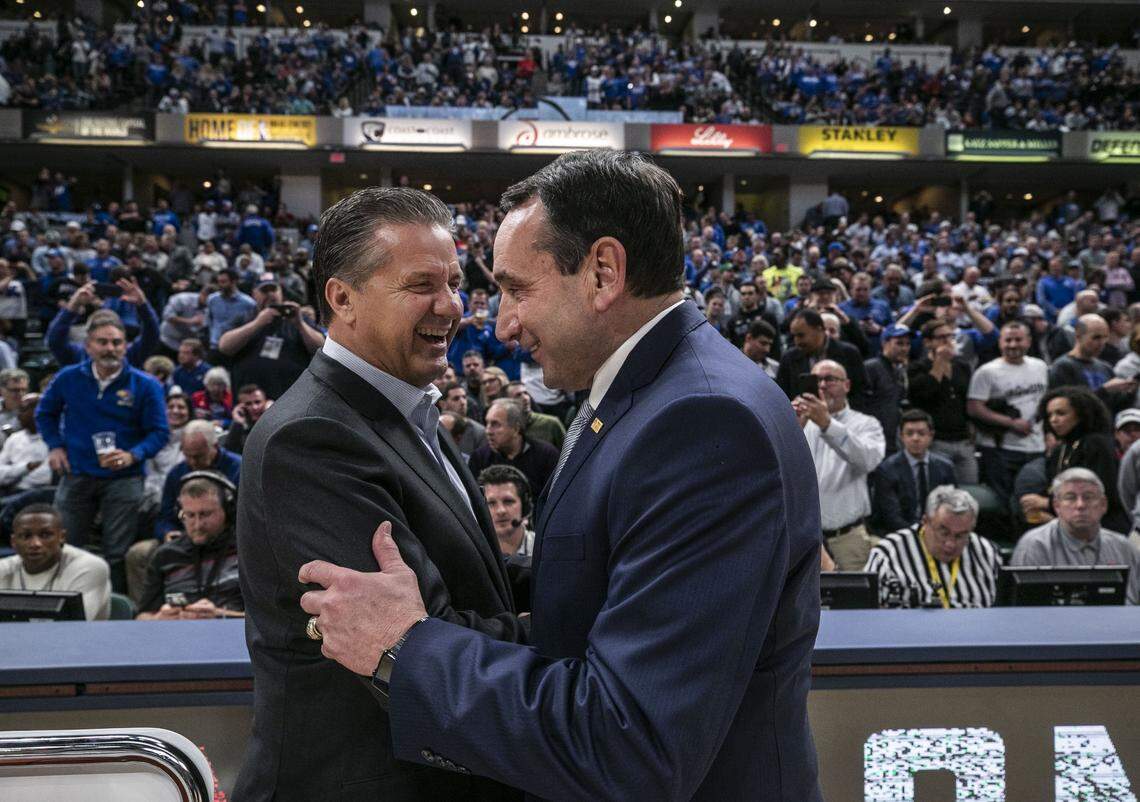Former Duke head man Mike Krzyzewski greeted Kentucky’s John Calipari before the Blue Devils clubbed the Wildcats 118-84 in the 2018-19 Champions Classic in Indianapolis. Krzyzewski retired as Duke coach after the 2021-22 season. With Calipari at age 65, UK will soon face a coaching transition, too.