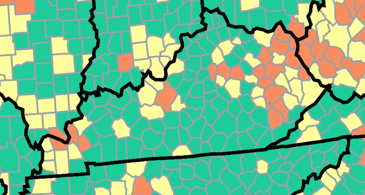 This map of Kentucky from the U.S. Centers for Disease Control and Prevention shows COVID-19 community levels by county as of June 17, 2022. Orange counties are scored at a high level, yellow are scored at a mediuam level and green counties are marked low.