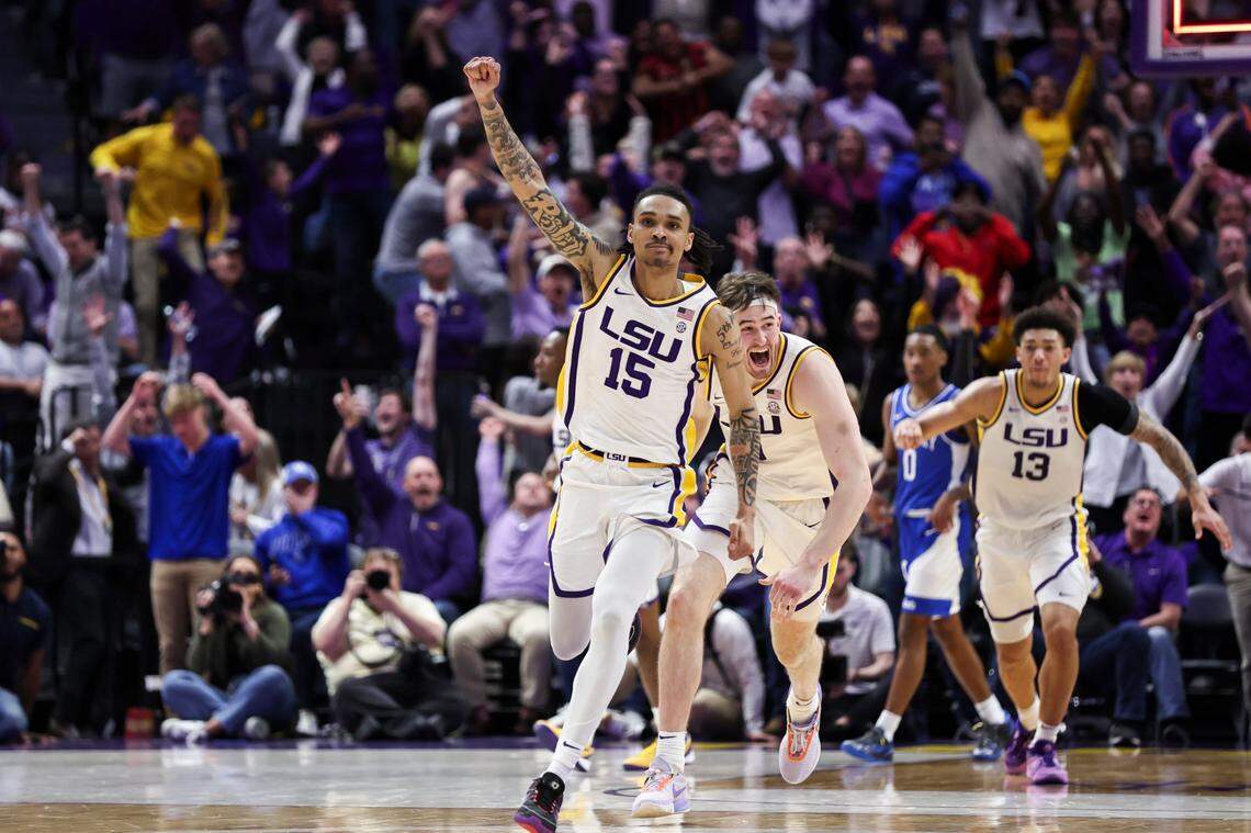 LSU forward Tyrell Ward (15) celebrated after scoring the game-winning basket in a 75-74 victory over Kentucky on Feb. 21, 2024, in Baton Rouge. The UK defeat ultimately cost the Wildcats a share of the SEC championship.