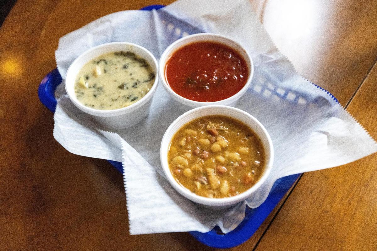 Courtyard Deli on Church Street offers daily made-from-scratch soup specials such as this recent trio of cream of spinach with cheddar and artichokes, tomato basil, and white chili with chicken.