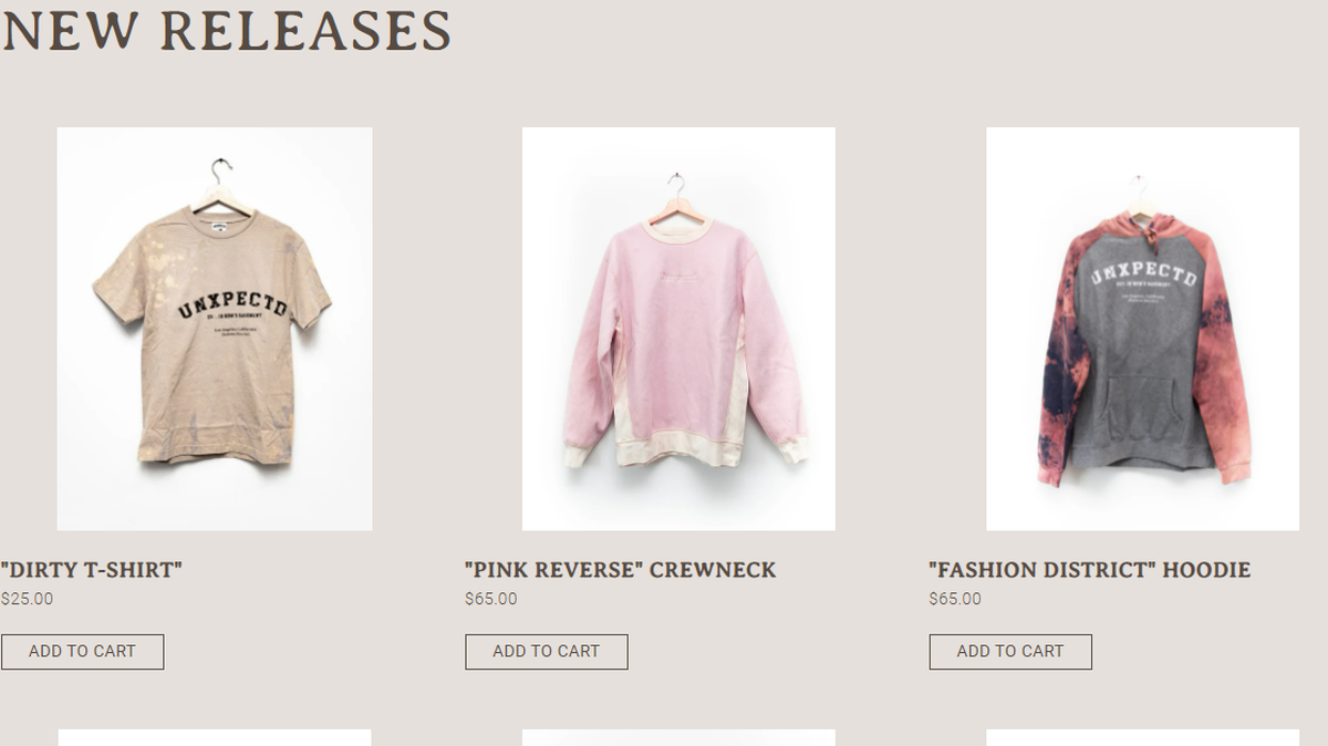 New releases on Unxpectd’s site include the “Dirty T-Shift,” and more sweats. Now based in Los Angeles, the brand was started in Lexington as a school project by a teenager at Henry Clay High School. In 2020, the brand had $1.7 million in sales, according to the owner.