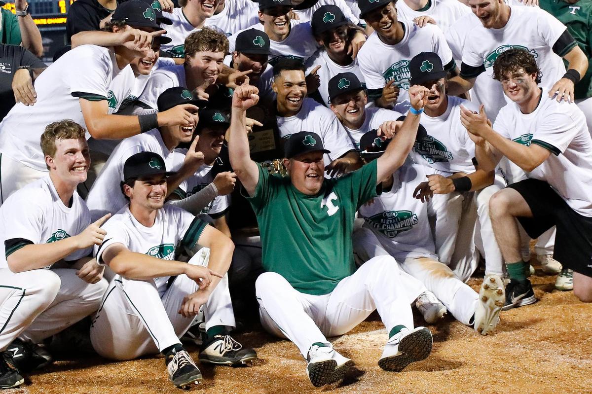 Louisville Trinity celebrated after winning the KHSAA State Baseball Tournament championship against McCracken County at Lexington Legends Ballpark on Saturday night. The Shamrocks prevailed 10-0 in five innings.