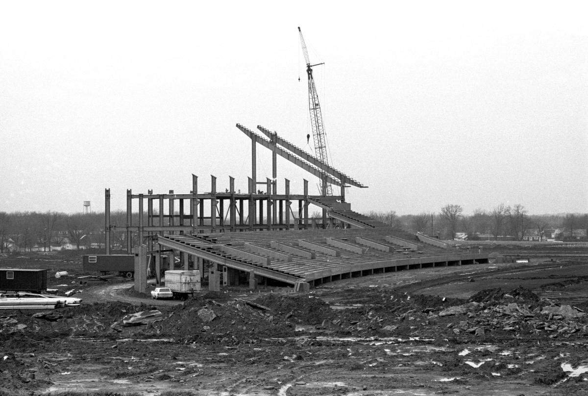 Construction on what would become Commonwealth Stadium, home for University of Kentucky football games, as seen in mid-December 1972. The stadium was officially opened on Sept. 15, 1973, as Kentucky defeated Virginia Tech in the stadium opener, 31-26, as quarterback Ernie Lewis ran for two touchdowns and threw for another.