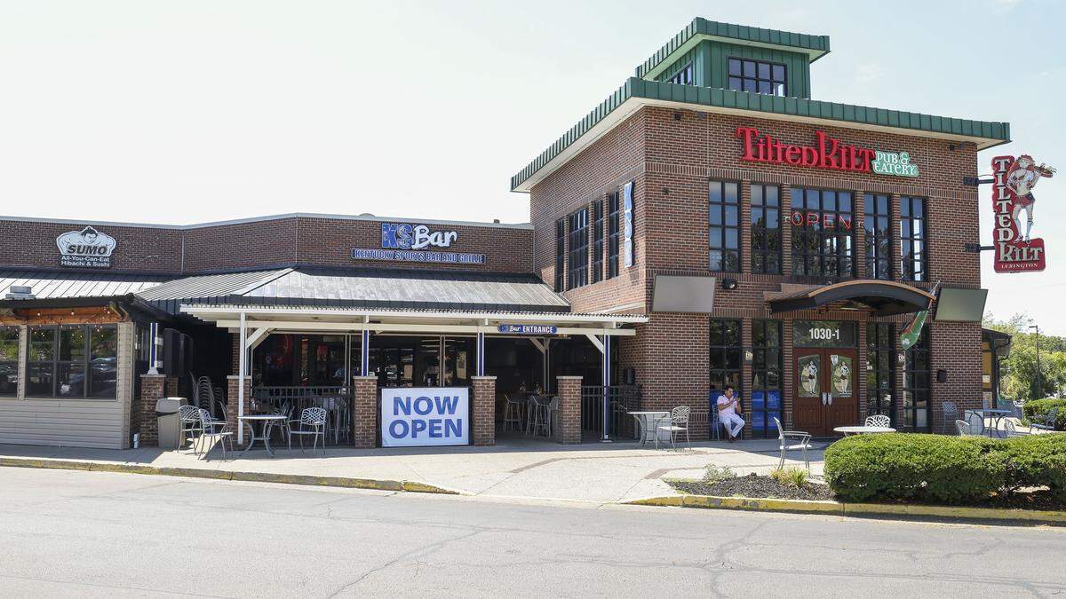 KSBar & Grille in Lexington, Ky., photographed Thursday, Aug. 28, 2025, is located next to Tilted Kilt and Sumo Hibachi and Sushi on South Broadway near the UK campus.