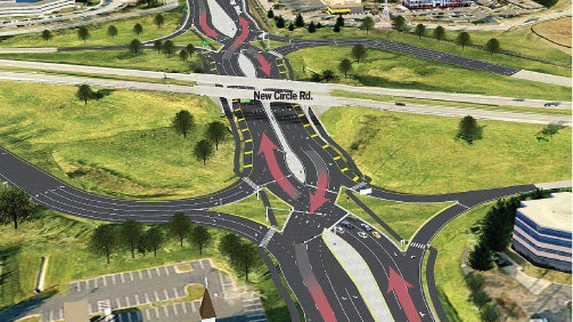 This rendering shows how the new intersection of Harrodsburg and New Circle roads will look after a $5.5 million reconstruction project scheduled to start in June. The red arrows show the paths traffic would take as it passes through the intersection.