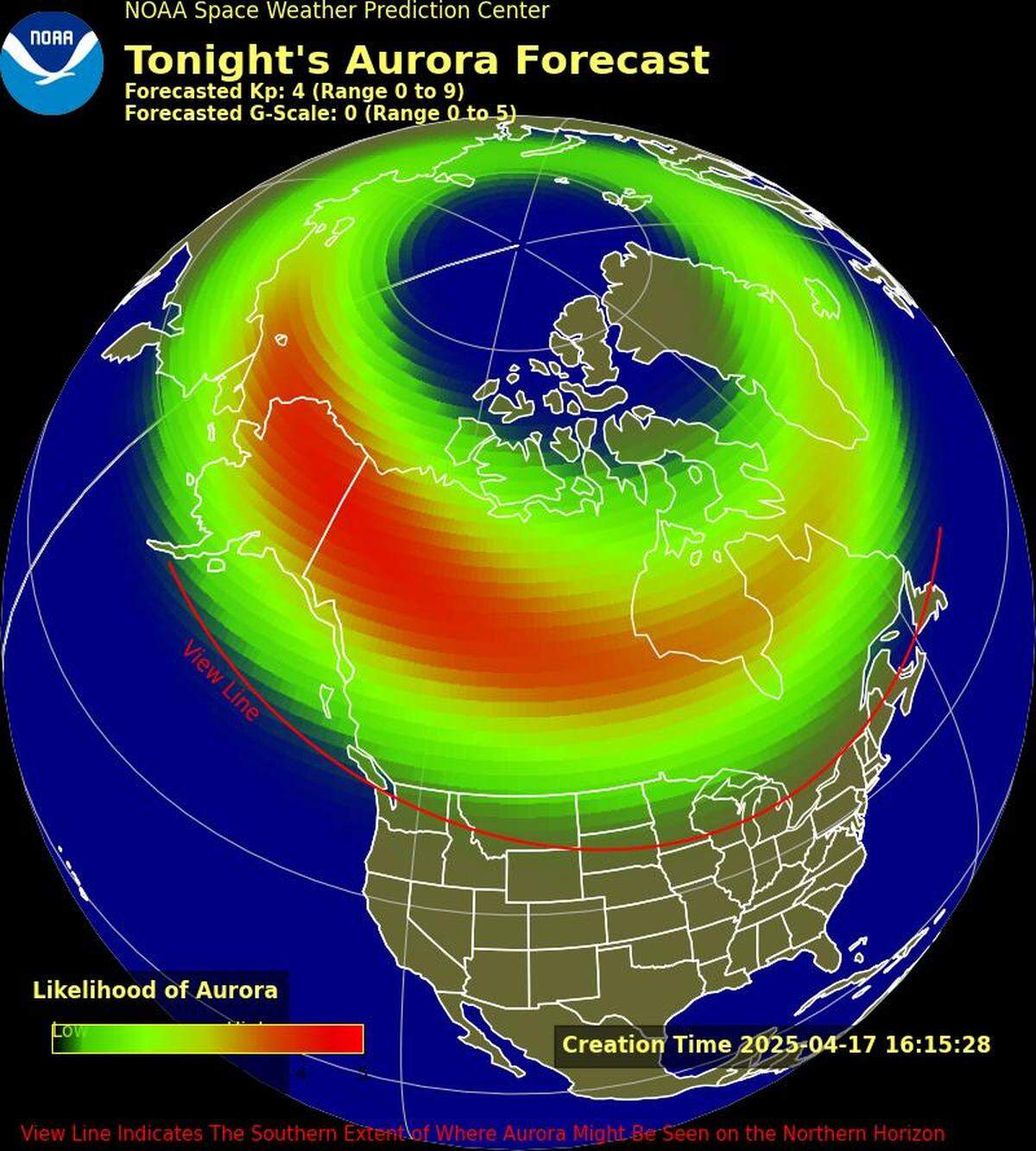 The latest map from NOAA’s Space Weather Prediction Center shows that the “viewline” for observing auroras has retreated much farther north.