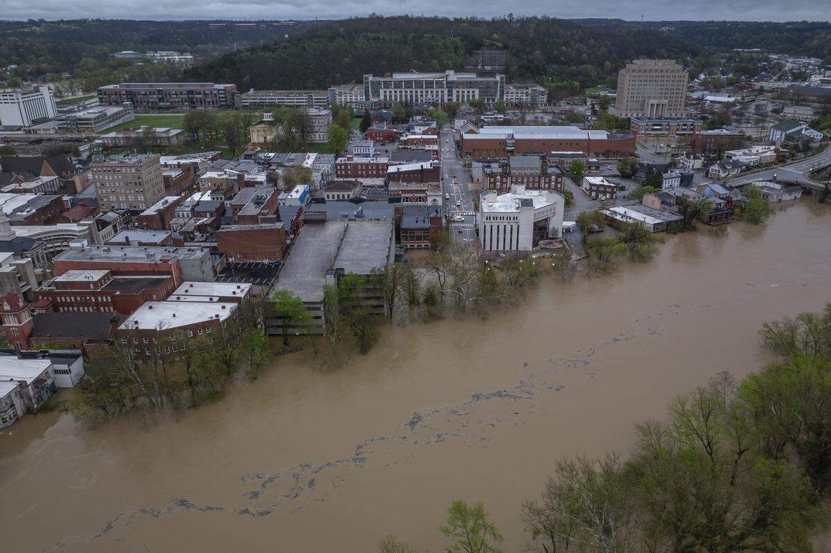 The Kentucky River floods in Frankfort, Ky., on Sunday, April 6, 2025.