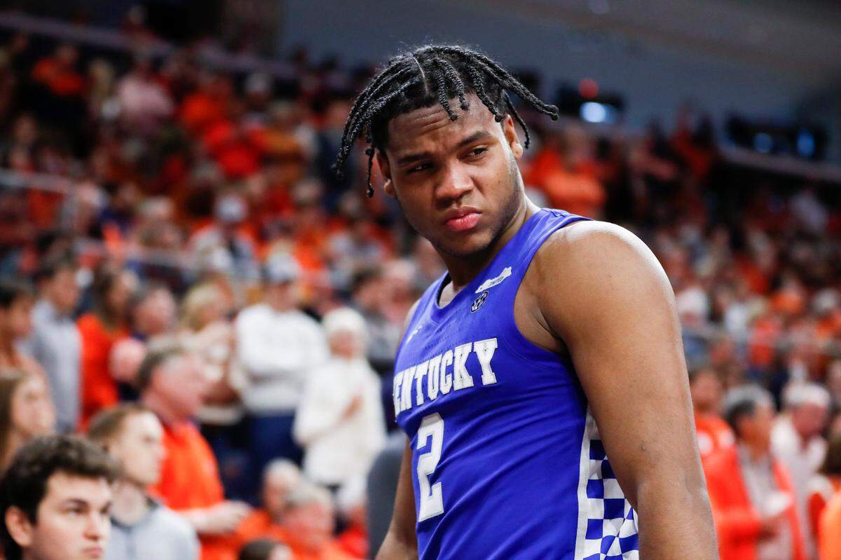 Kentucky’s Sahvir Wheeler (2) walked to the bench after running into Auburn’s Walker Kessler during Saturday’s game. “We’ve got to do a better job of protecting him,” associate coach Orlando Antigua said Monday.