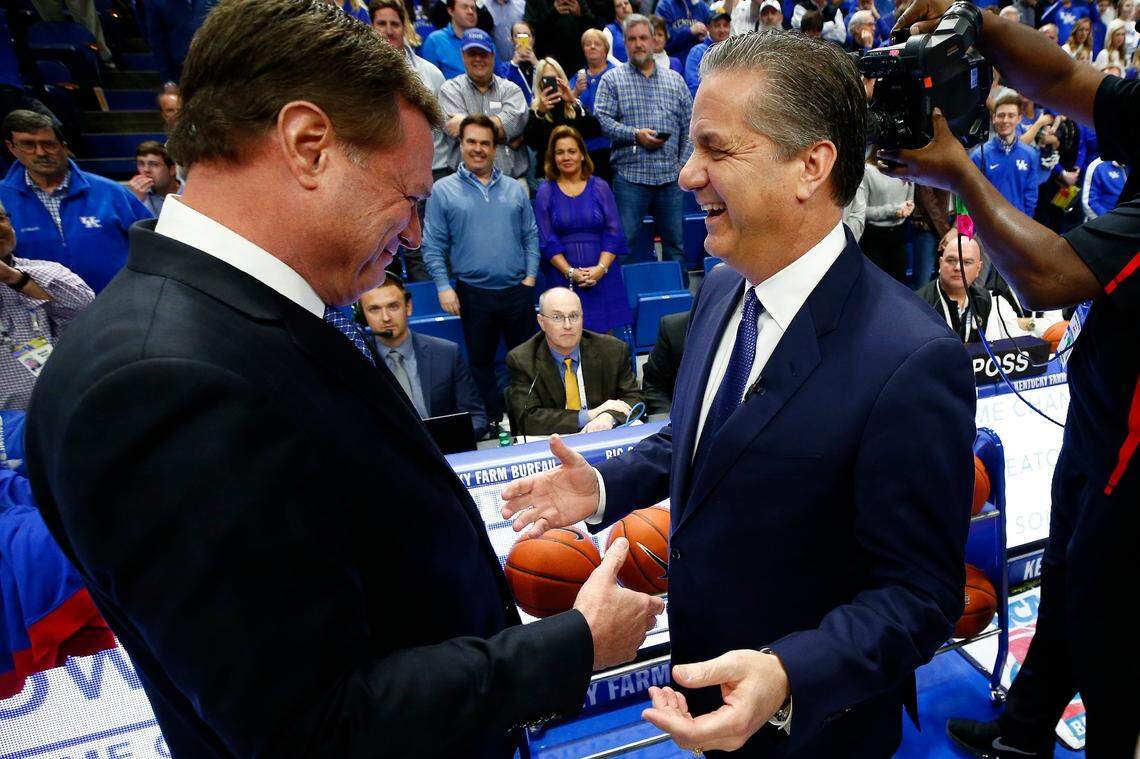 Kansas coach Bill Self, left, will lead the No. 1 Jayhawks against John Calipari and No. 16 Kentucky on Tuesday night in the Champions Classic at the United Center in Chicago.