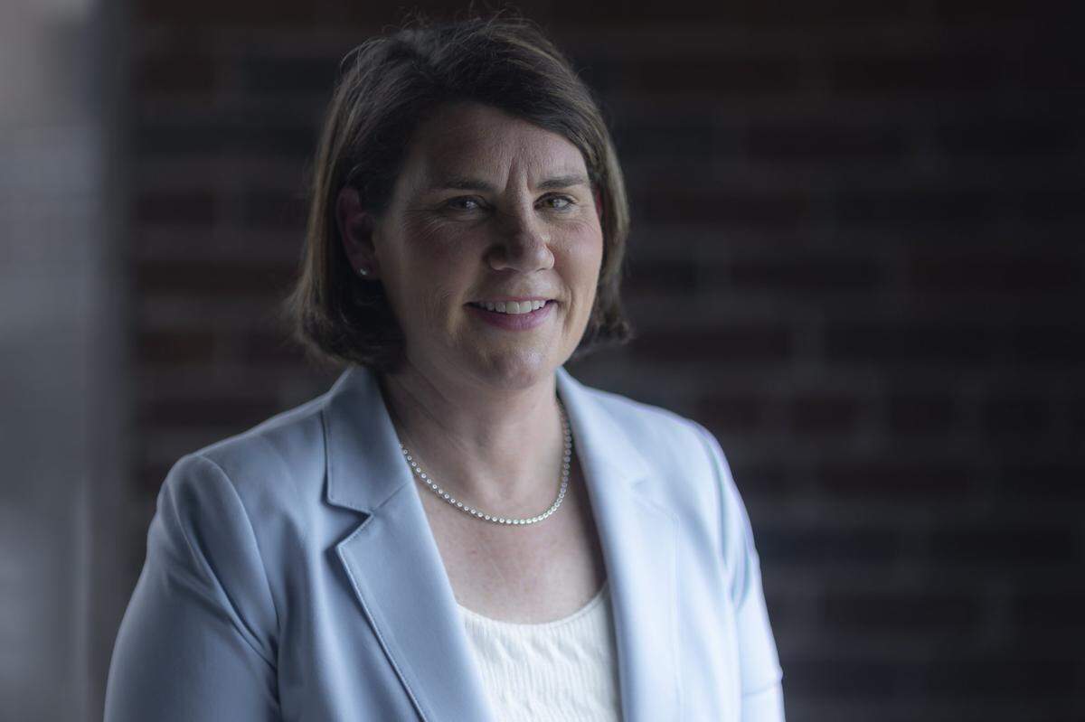 Amy McGrath, a Democrat running for the U.S. Senate, is photographed at the Lexington Herald-Leader office in Lexington, Ky., on Thursday, April 2, 2026.