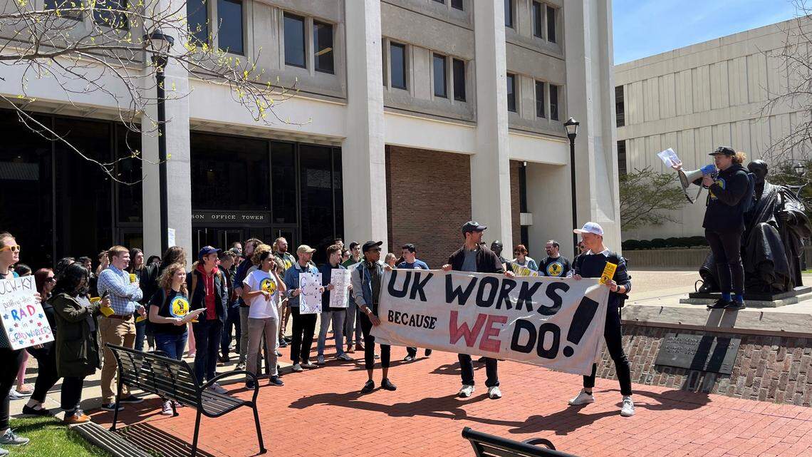 Members of the University of Kentucky union marched across campus on Wednesday, April 20, calling for a pay increase and better health care for graduate student employees at the university.