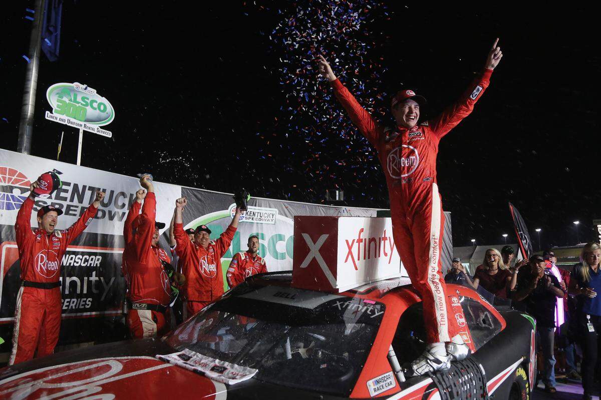 Christopher Bell celebrated in Victory Lane after winning the 2018 NASCAR Xfinity Series Alsco 300 at Kentucky Speedway.