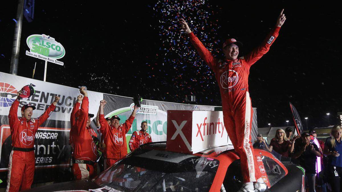 Christopher Bell celebrated in Victory Lane after winning the NASCAR Xfinity Series Alsco 300 at Kentucky Speedway.