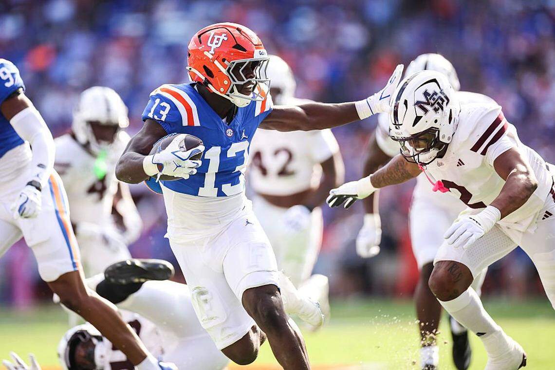 Florida sophomore running back Jadan Baugh (13) leads the Gators in rushing with 632 yards.