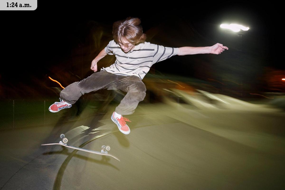 Jake Stewart performs a kick flip while skateboarding with friends at the Woodland Park skatepark Saturday, July 10. Stewart has been skating for about a year and a half and says he skates at Woodland Park nearly every day.