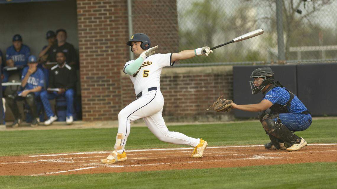 Sayre’s Gary Gibson gets a hit against Danville during last season’s All “A” Classic tournament at Sayre’s Chase Comley Field on April 18, 2025, in Lexington. Gibson is expected to return to a prominent role on the mound this year.