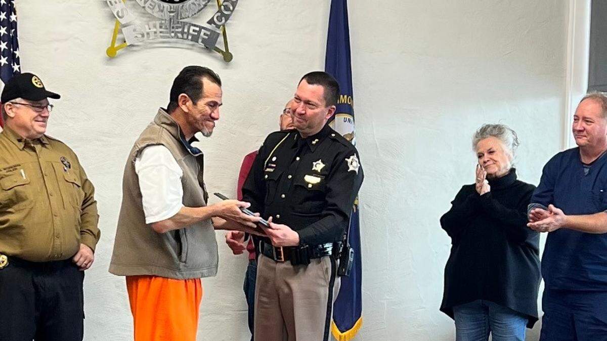 Marco Sanchez, an inmate working at the candle factory in Graves County on the night of the deadly tornadoes, was presented the Sheriff’s Meritorious Award for rescuing people trapped inside.