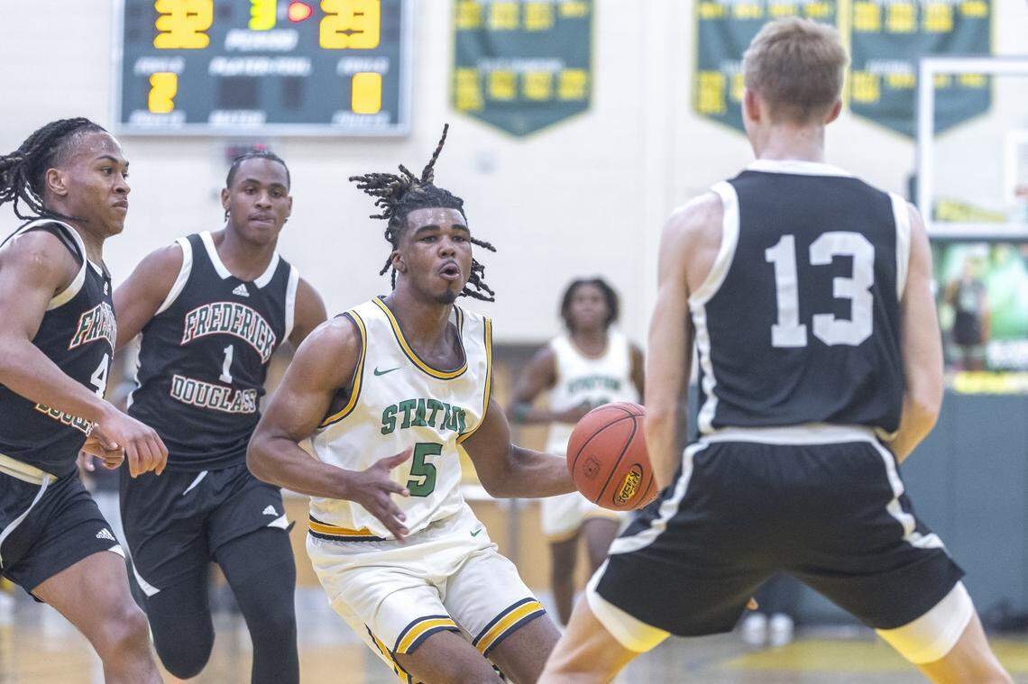 Bryan Station's Amari Owens (5) brings the ball down the court during a game against Frederick Douglass at Bryan Station High School in Lexington, Ky., on Thursday, Feb. 5, 2026.