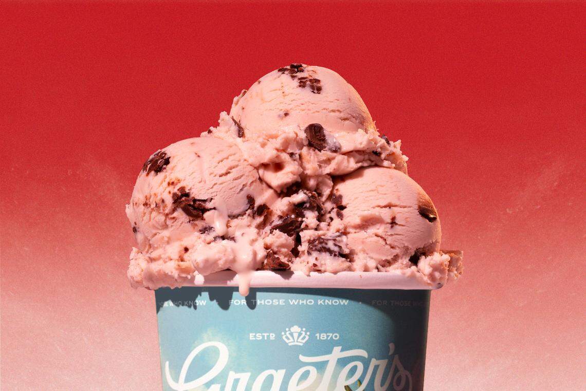 Graeter’s Strawberry Chip ice cream features a ripe strawberry flavor with the company’s iconic dark chocolate chips mixed in.
