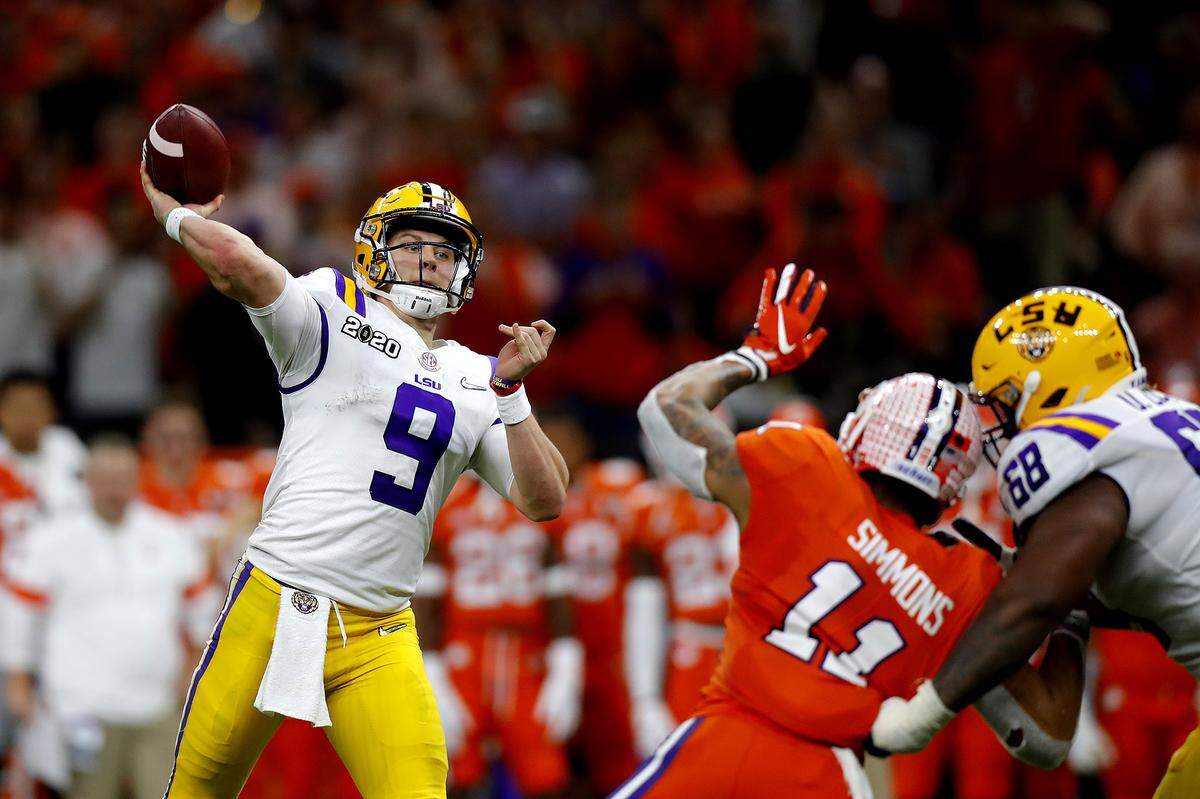 Joe Burrow (9) of the LSU Tigers throws a pass against Clemson during the third quarter in the College Football Playoff national championship game at Mercedes Benz Superdome on Jan. 13, 2020, in New Orleans. LSU won 42-25.