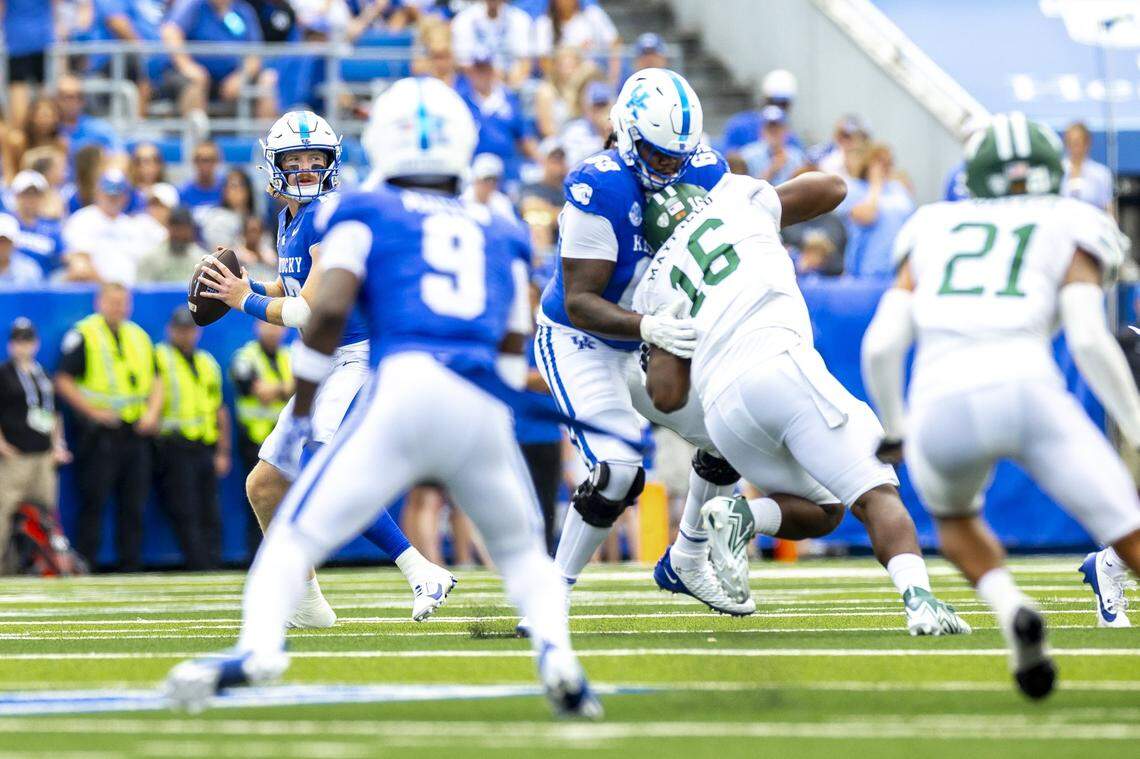 Kentucky quarterback Brock Vandagriff (12) looks to pass the ball against Ohio on Saturday at Kroger Field.