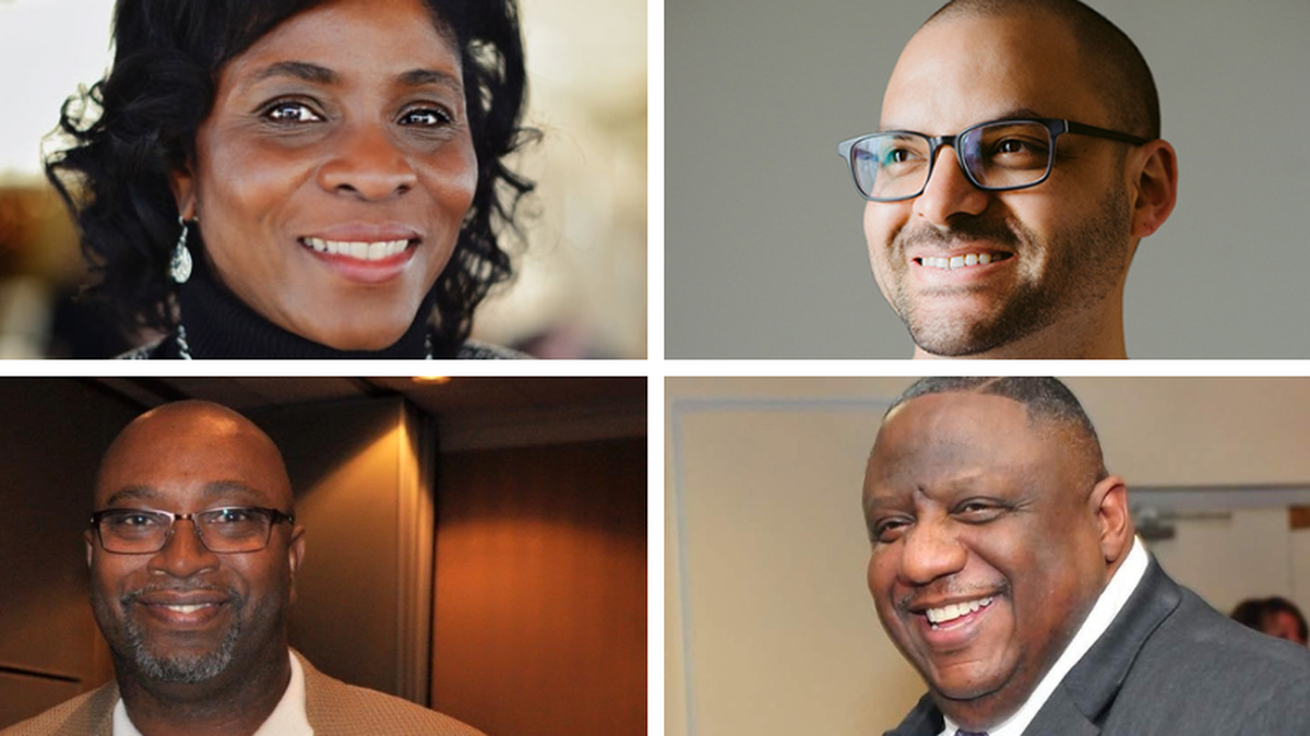 Candidates for the First District Fayette County school board seat are (clockwise, from top left corner): Marilyn Clark; Edward “Alex” Dixon; William Swope Jr.; and Jamie Jackson.