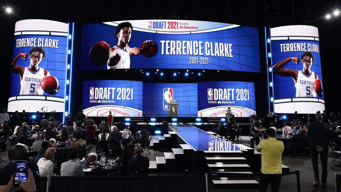 A tribute to former Kentucky guard Terrence Clarke is presented on screens during the NBA basketball draft, Thursday, July 29, 2021, in New York. Clarke died in a car accident in April.