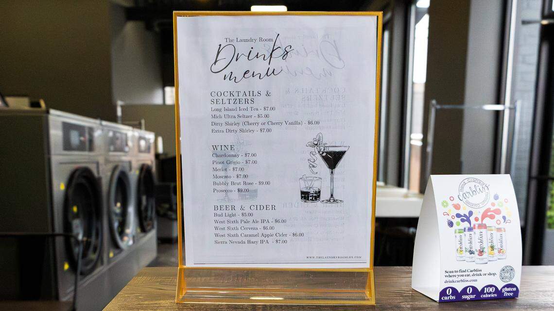 The Laundry Room drink menu featuring cocktails, seltzers, wines, beer, and cider on Dec. 16, 2025, in Lexington, Ky.
