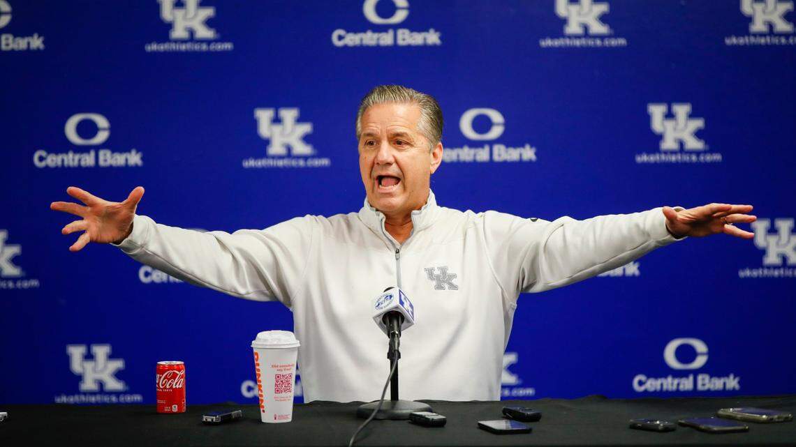 Kentucky head coach John Calipari speaks with reporters during Media Day at the Joe Craft Center in Lexington before this season.