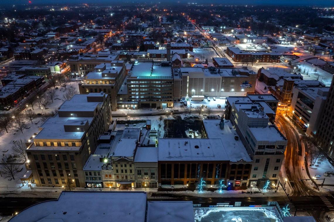 Dawn breaks over a snowy Lexington, Ky., on Monday, Jan. 6, 2025.