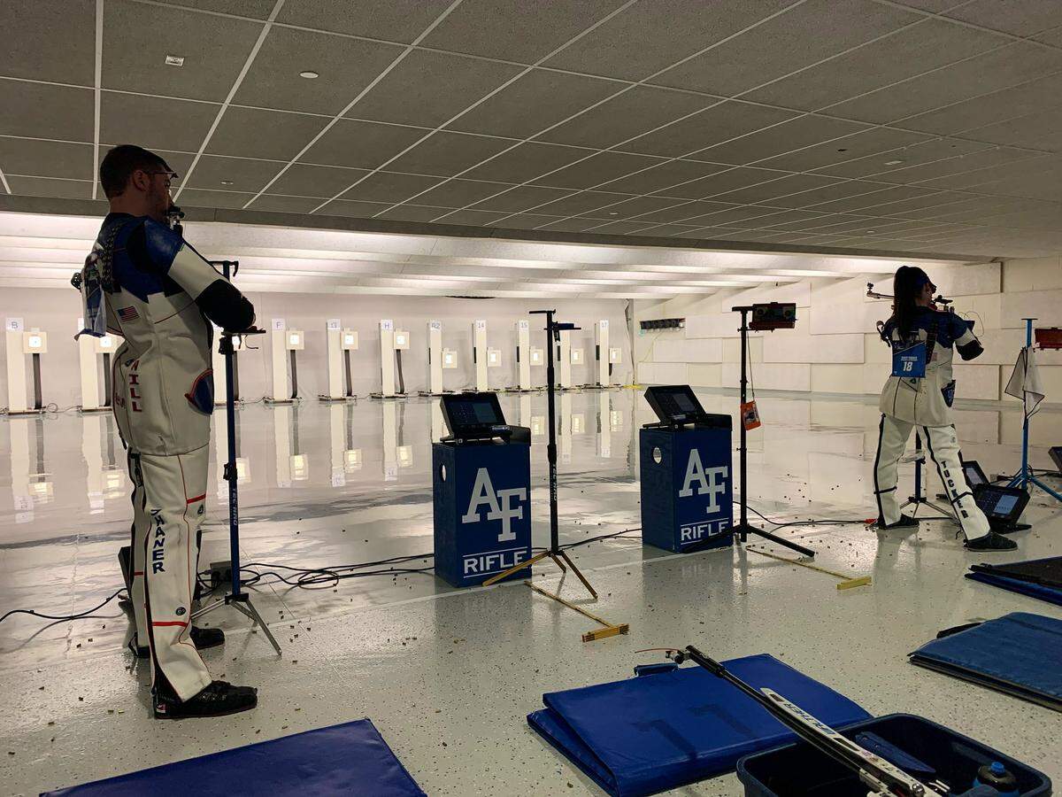 Will Shaner and Mary Tucker of the Kentucky rifle team compete in smallbore during the 2022 NCAA Rifle Championships on Friday in Colorado Springs, Colorado. Shaner won the event, with Tucker coming in second, but both of their performances contributed to the UK team winning the NCAA team title for the second straight season.