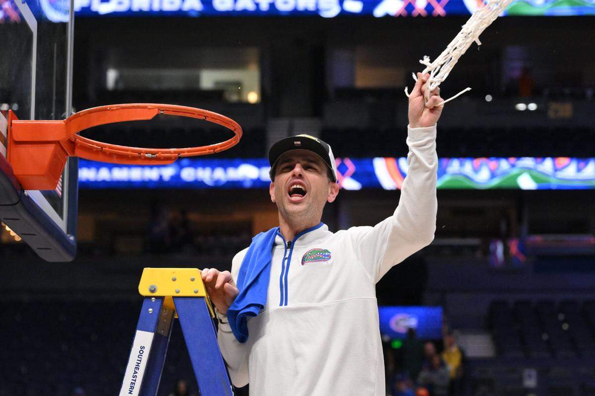 Florida coach Todd Golden cut down the net after the Gators beat Tennessee 86-77 to win the 2025 SEC Tournament championship game. Florida enters the NCAA Tournament looking like the most complete team from the nation’s toughest men’s basketball conference.