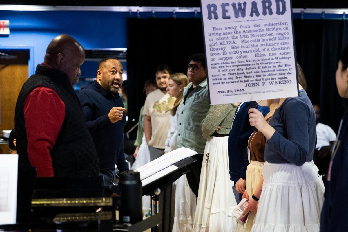 Sanctuary Road Director Dennis Whitehead Darling works with the cast during rehearsal on Saturday, March 1, 2025.