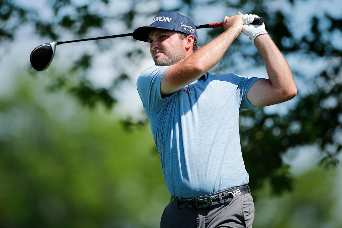 Chip McDaniel teed off on hole No. 5 during the final round of the Unbridled Tour golf tournament at Boone’s Trace National Golf Club in Richmond on Thursday. McDaniel chipped in No. 18 to win the tournament by two strokes.