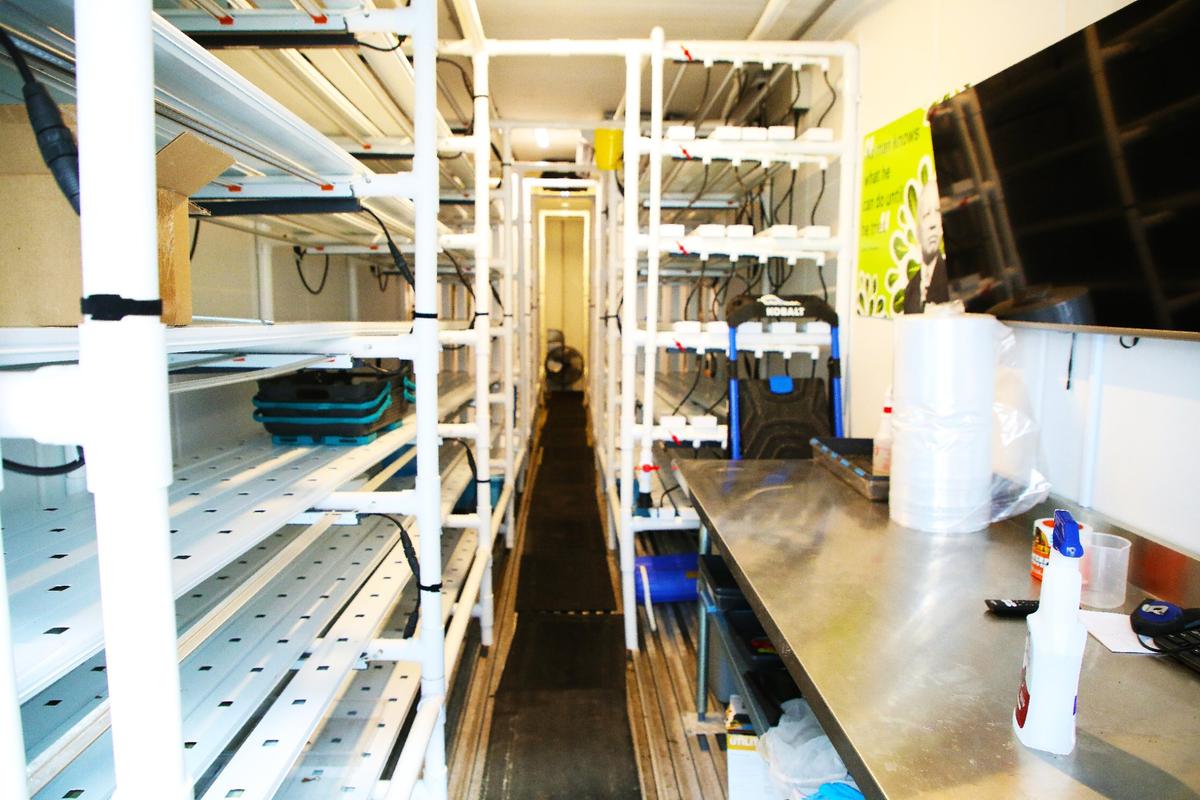 Interior shot of the hydroponic container farm being utilized as a classroom and agricultural business base at Carter G. Woodson Academy on November 27, 2024, in Lexington, Ky.