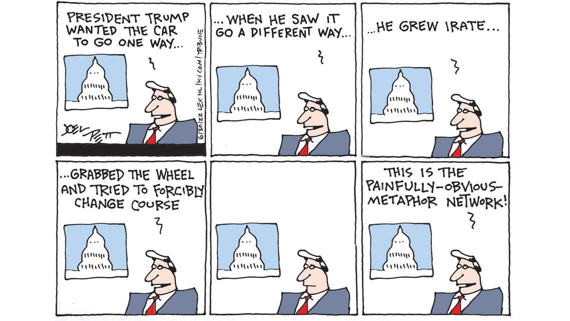Joel Pett: Trump tries to take the wheel.