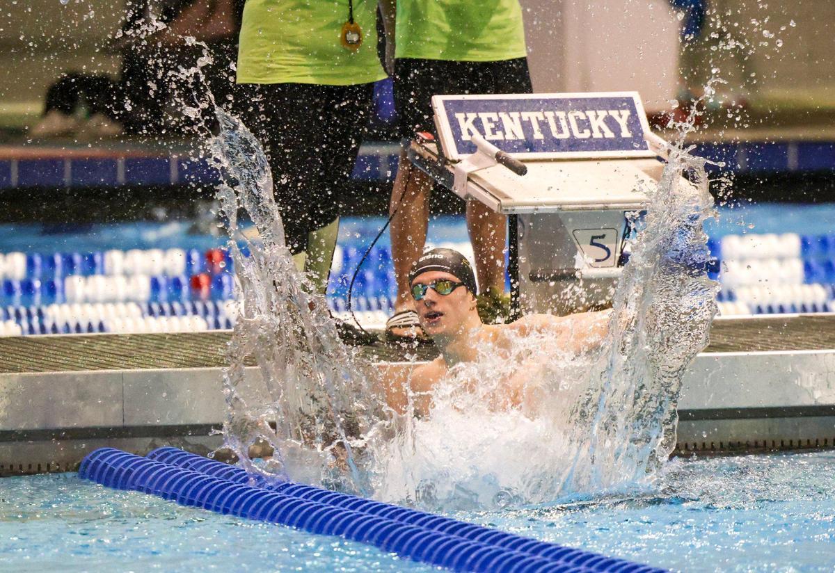 St. Xavier’s Will Scholtz celebrates after winning the 200-yard individual medley with a time of 1:45.89 at the 2023 KHSAA state meet at the University of Kentucky’s Lancaster Aquatic Center on Saturday.