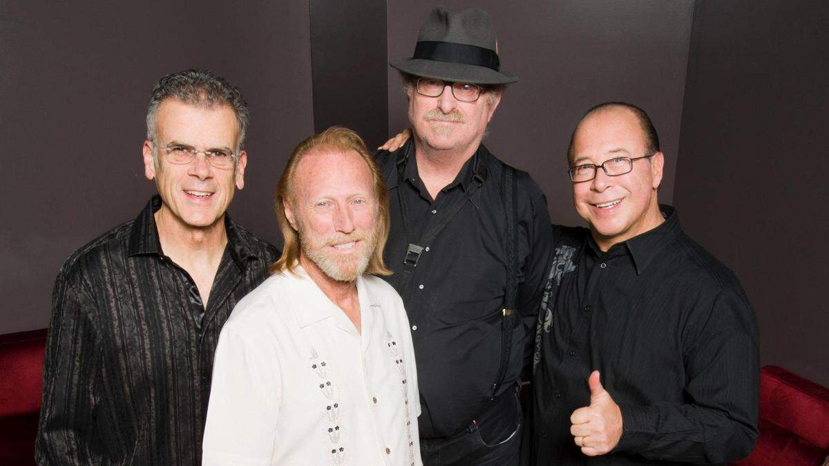 Tower of Power’s four mainstay members, from left, drummer David Garibaldi, bass guitarist Francis Rocco Prestia, baritone saxophonist Stephen “Doc” Kupka and tenor saxophonist/group leader Emilio “Mimi” Castillo. Prestia died in 2020.
