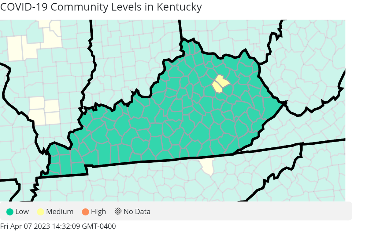 A screen capture shows the latest COVID-19 community levels as reported by the Centers for Disease Control and Prevention April 6, 2023. 
