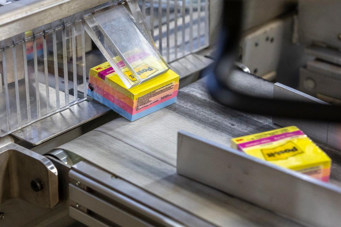 Post-it notes are packaged at a 3M facility in Cynthiana, Ky., on Tuesday, Sept. 24, 2024.