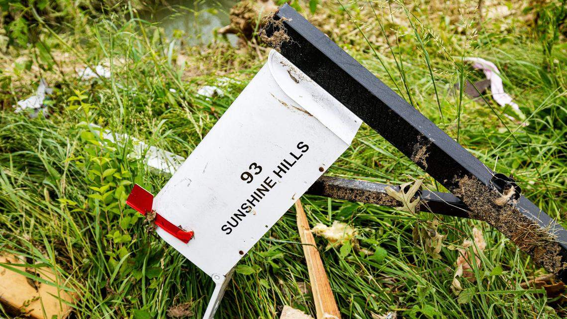 A residential mailbox lies on the ground in the Sunshine Hills subdivision following Saturday’s deadly tornado storm in Laurel County on May 17, 2025, in London, Ky.