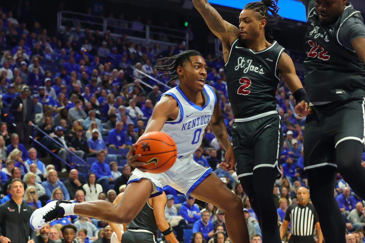 Kentucky’s Rob Dillingham looks to make a play against St. Joseph’s on Monday, Nov. 20, 2023, at Rupp Arena in Lexington, Ky.
