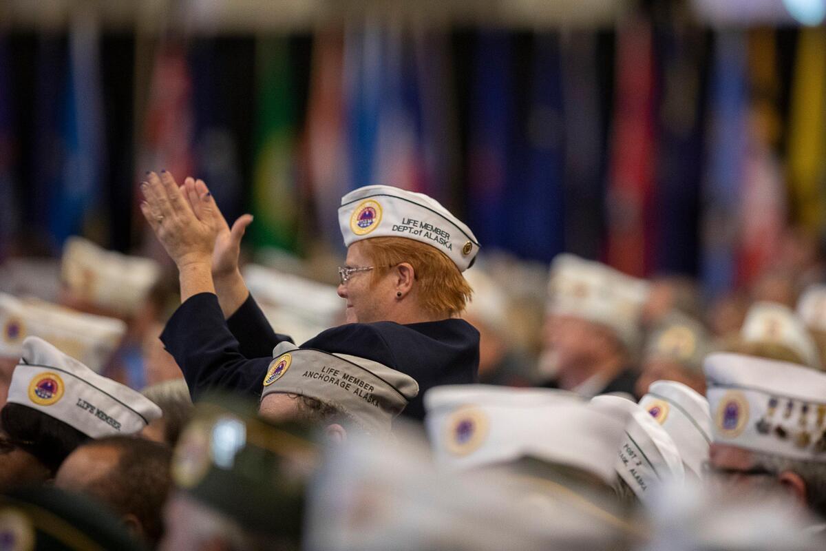 Audience members listen as President Donald Trump delivers the Keynote Address during AMVETS’ 75th Annual National Convention Joint Opening Ceremony at the Galt House in Louisville, Ky., Wednesday, Aug. 21, 2019.