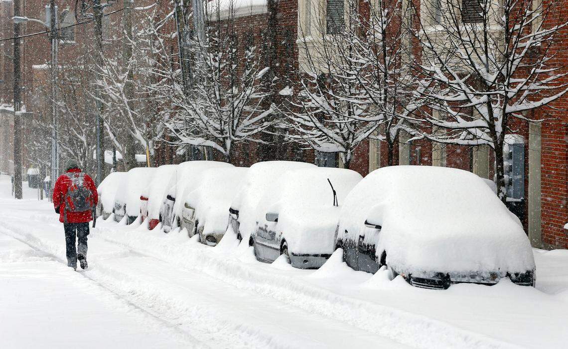 A man walked past a row of snowed-in cars on Market Street in Lexington, Ky., Thursday, March 5, 2015. 