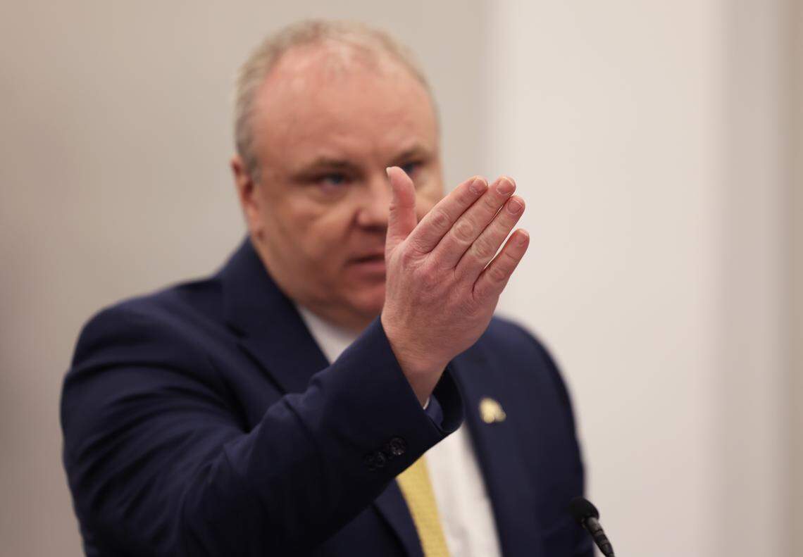 House Majority Whip Jason Nemes, R-Middletown, presents articles of impeachment for Fayette Circuit Judge Julie Goodman on the House floor Friday, March 20, 2026.